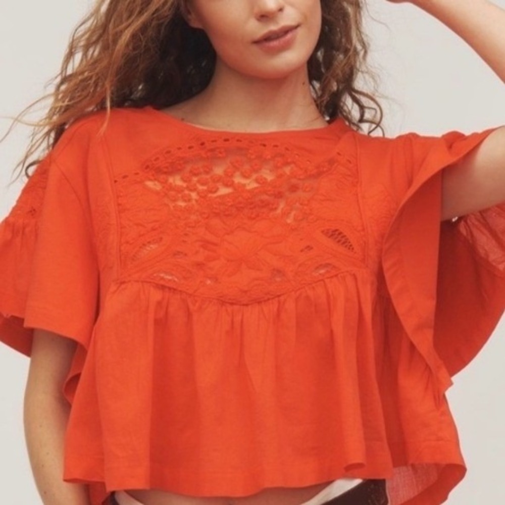 NEW Anthropologie Maeve Embroidered Peasant Top Women's Small Red Orange Crop